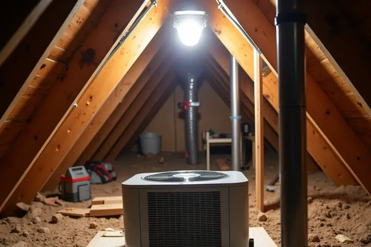Newly installed attic air handler on a platform with a secondary drain pan and float switch
