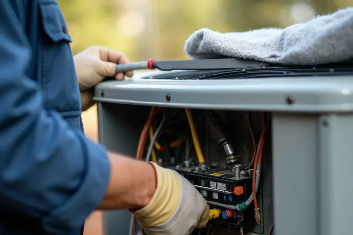 Screwdriver tightening wire terminals on an outdoor AC contactor during an AC tune-up in Lexington, SC