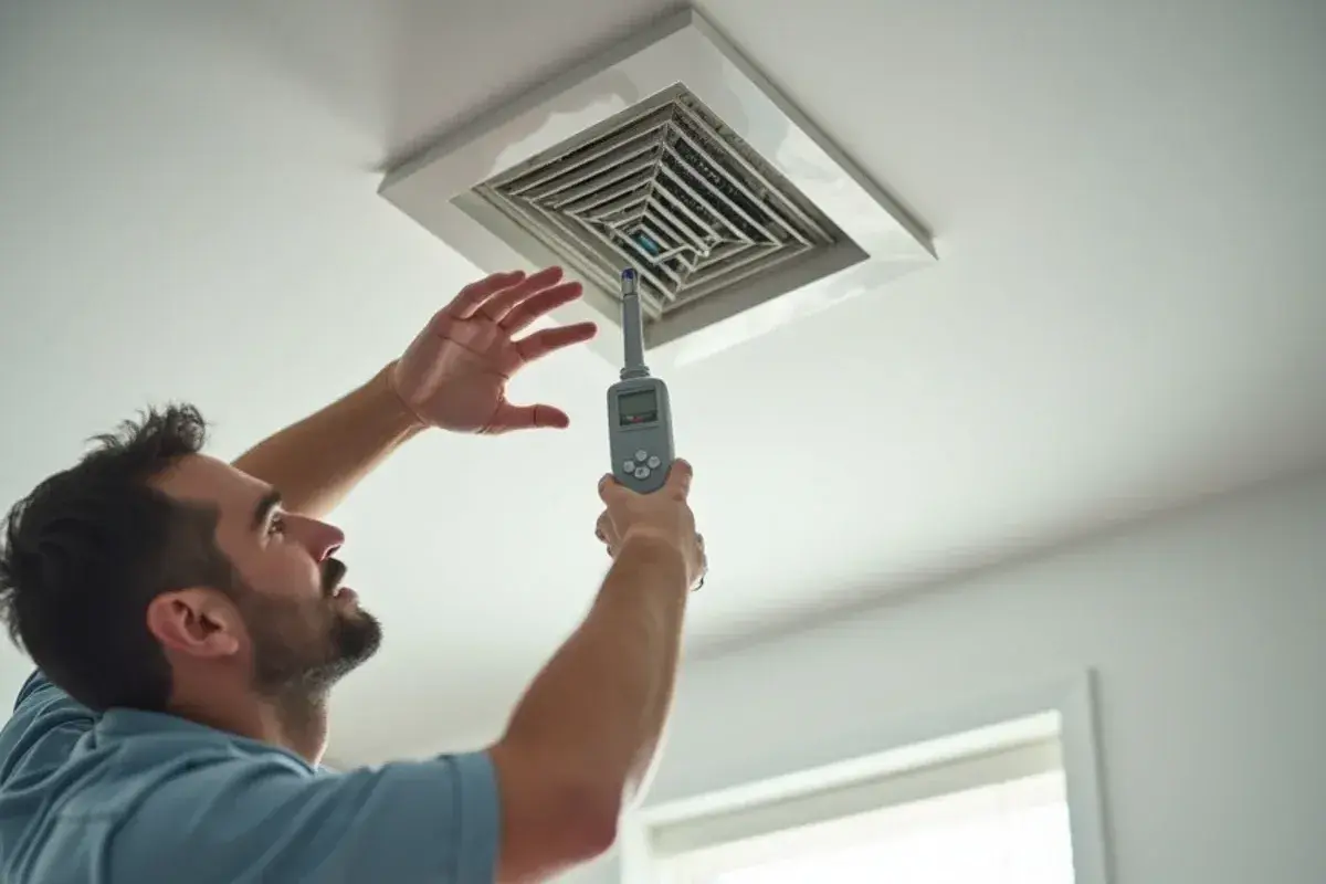 Probe thermometer in a ceiling supply register measuring AC temperature drop