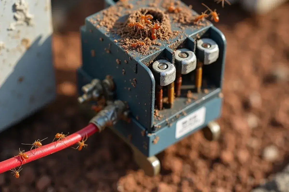 Fire ants packed between the contact points of an outdoor air conditioner contactor