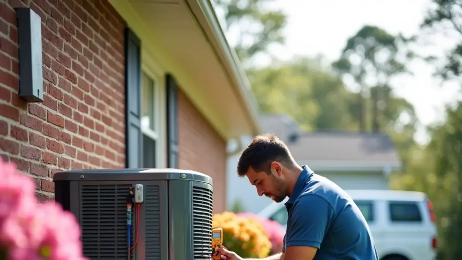 Technician testing a run capacitor on an outdoor AC unit beside a brick ranch in Lexington, SC