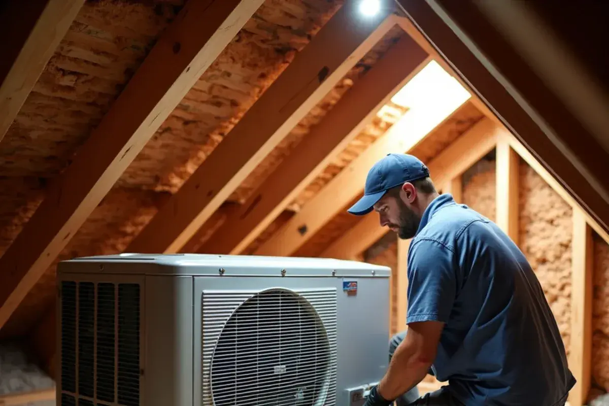 Horizontal air handler on a plywood platform in the attic of a two-story home near Lexington, SC