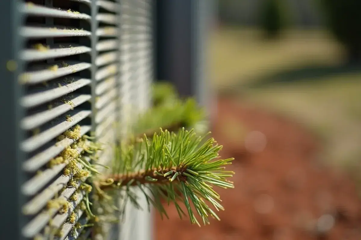 Yellow pine pollen coating the fins of an outdoor AC coil in the Midlands