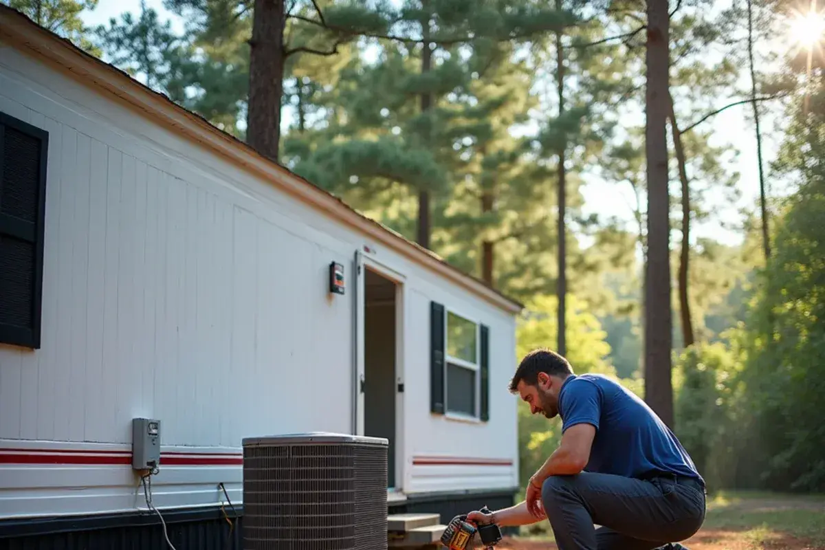Packaged air conditioning unit set beside a skirted manufactured home in rural Lexington County