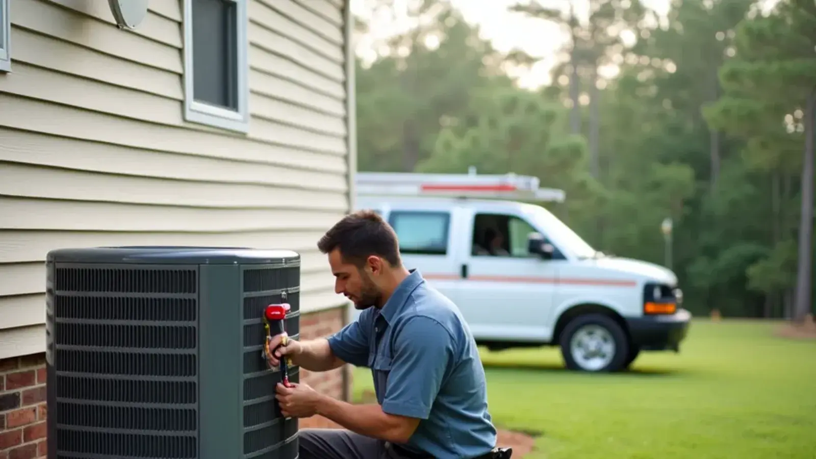 Technician checking a central air condenser beside a two-story vinyl home in Lexington, SC