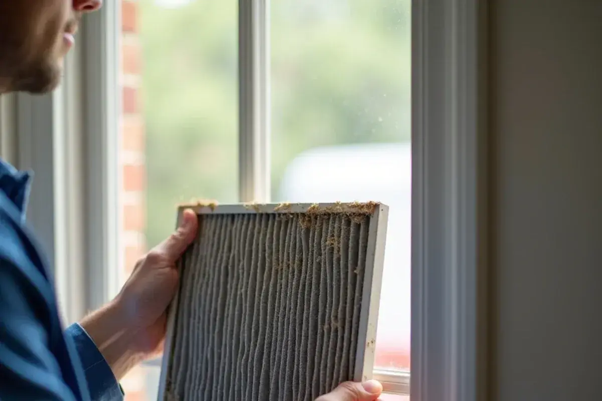 Dust-packed AC air filter held up to a sunny window, letting almost no light through