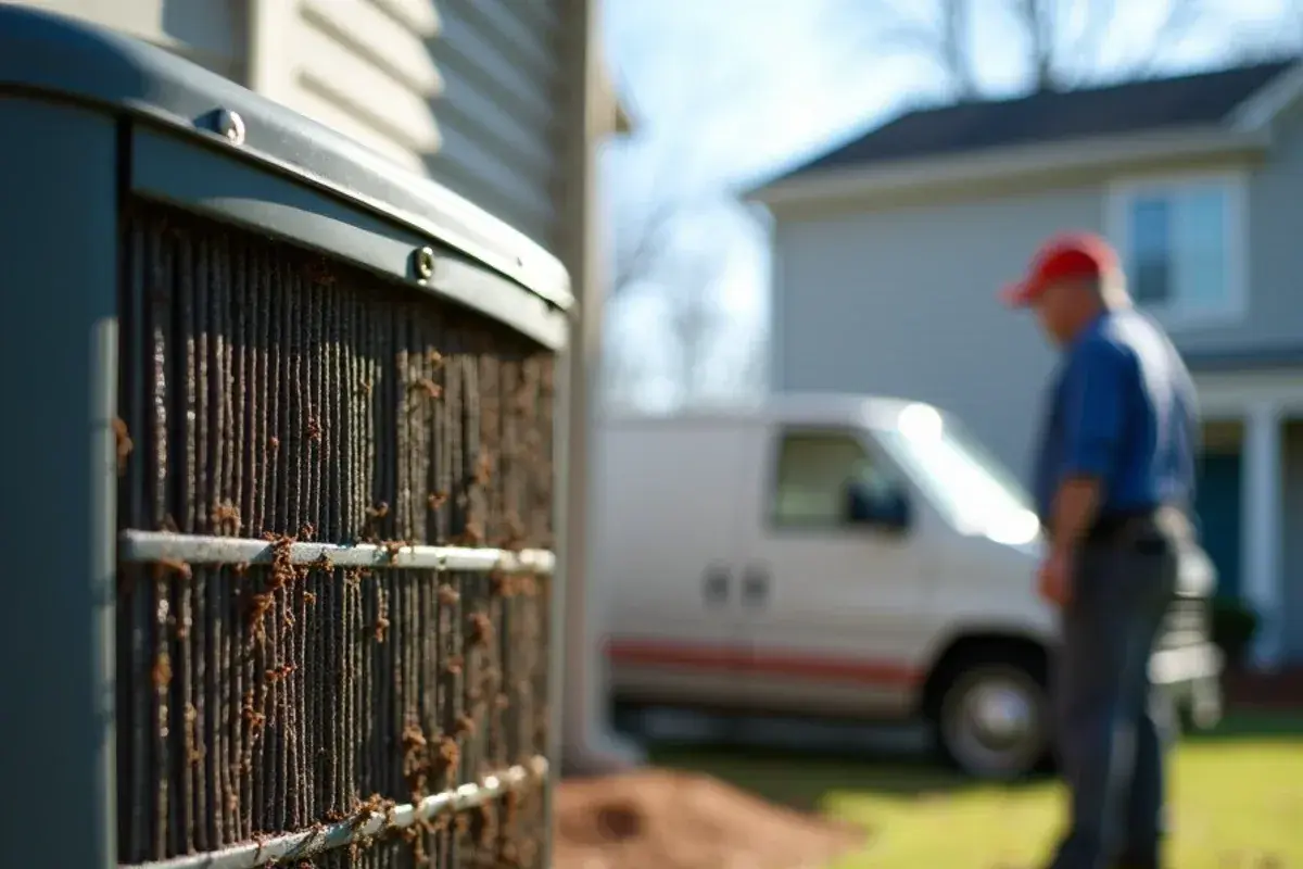 Dried grass clippings and dirt matted across the outdoor coil fins of a home AC unit