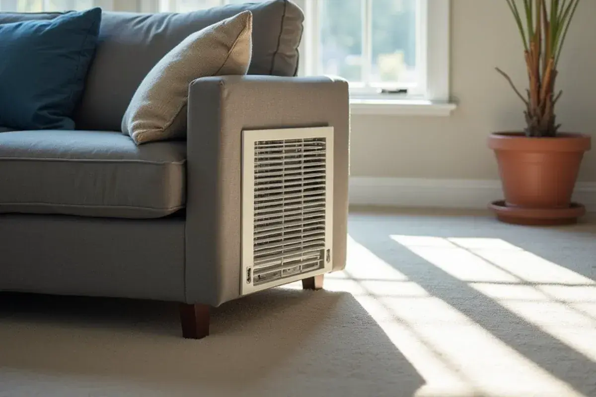 Return air grille partly blocked by a sofa in a living room