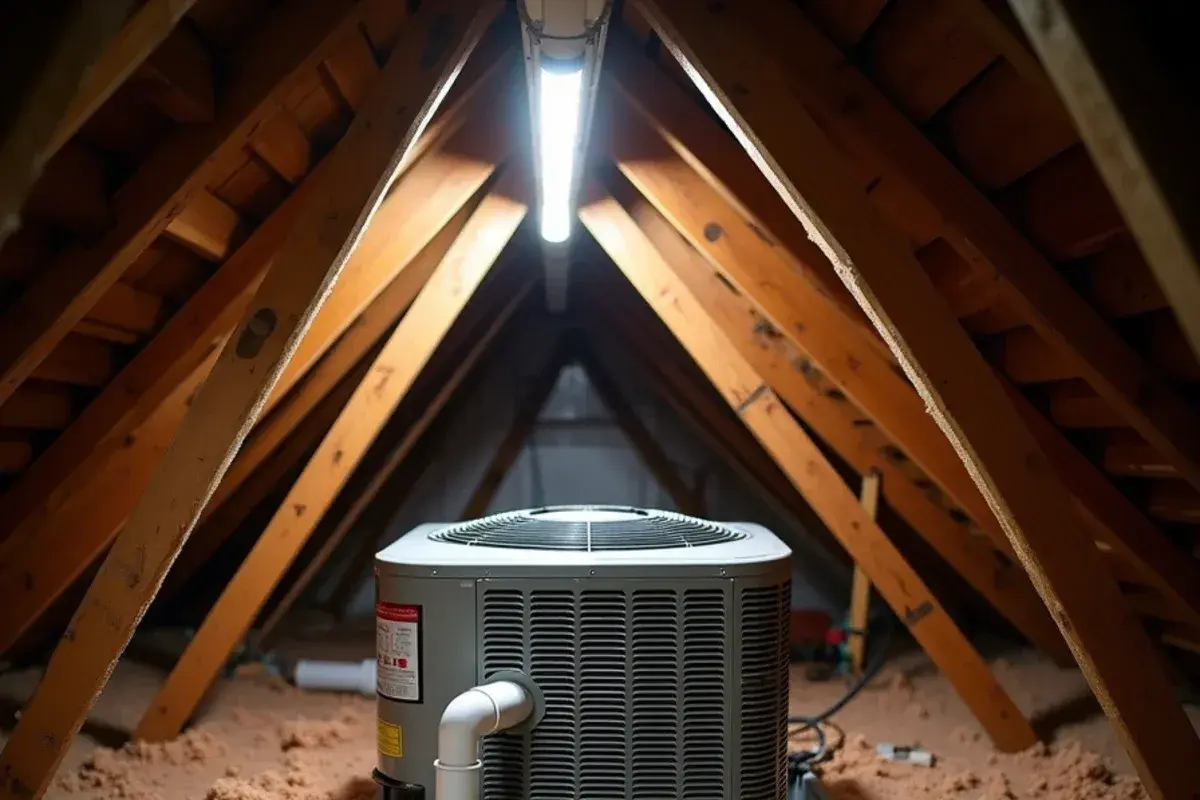 Attic air handler sitting in a secondary drain pan with standing water in an SC attic