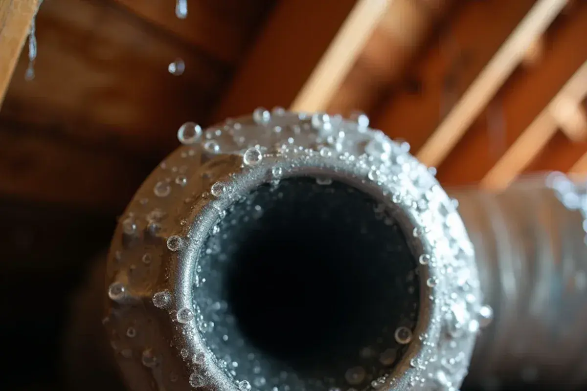 Condensation beading on an uninsulated section of attic supply duct above a ceiling
