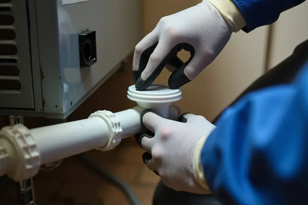 Technician removing the cap from a PVC condensate drain cleanout beside an air handler