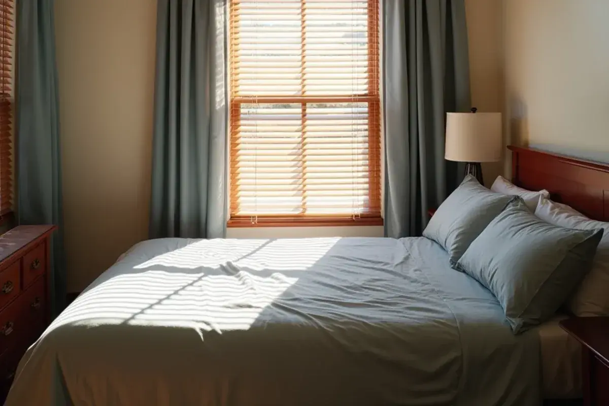 Blinds and curtains drawn on the sunny side of a house to slow heat gain while the AC is out