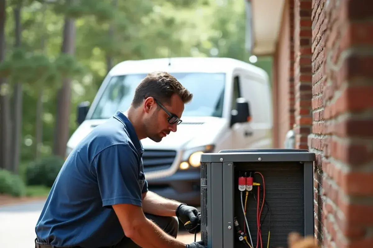 Technician testing a condenser capacitor on a hot afternoon during an AC outage call in the Columbia area