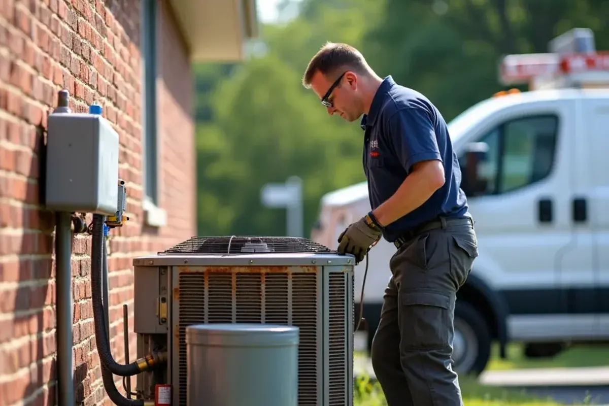 Aging air conditioner condenser being disconnected for replacement beside a brick home