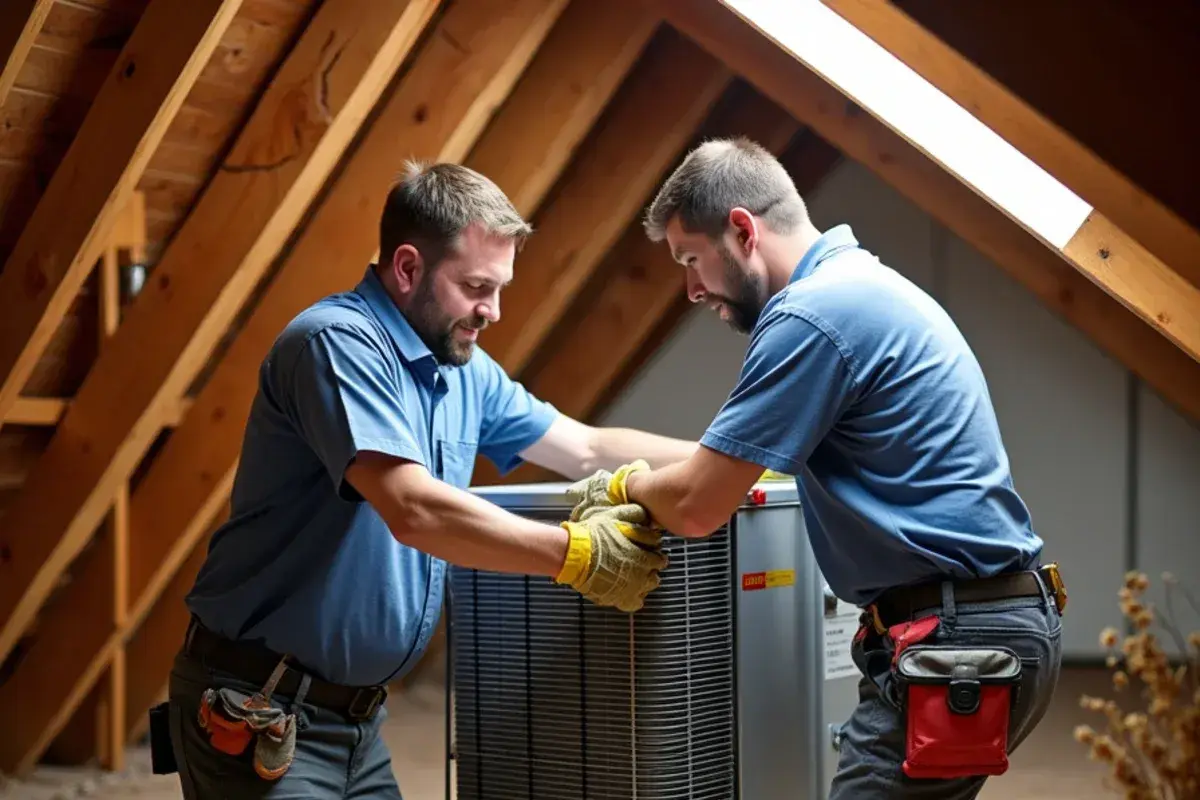 New evaporator coil being fitted to an attic air handler during an AC replacement