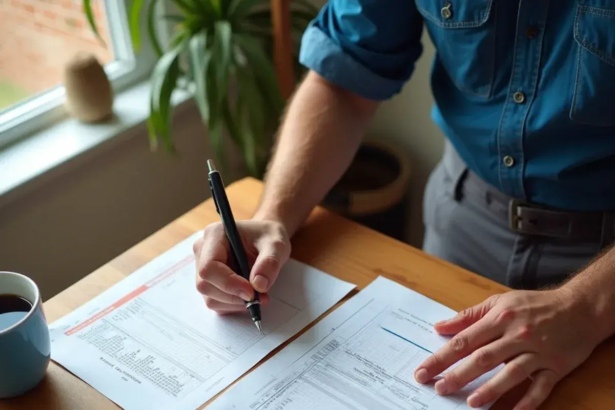 Homeowner comparing two written AC replacement quotes at a kitchen table
