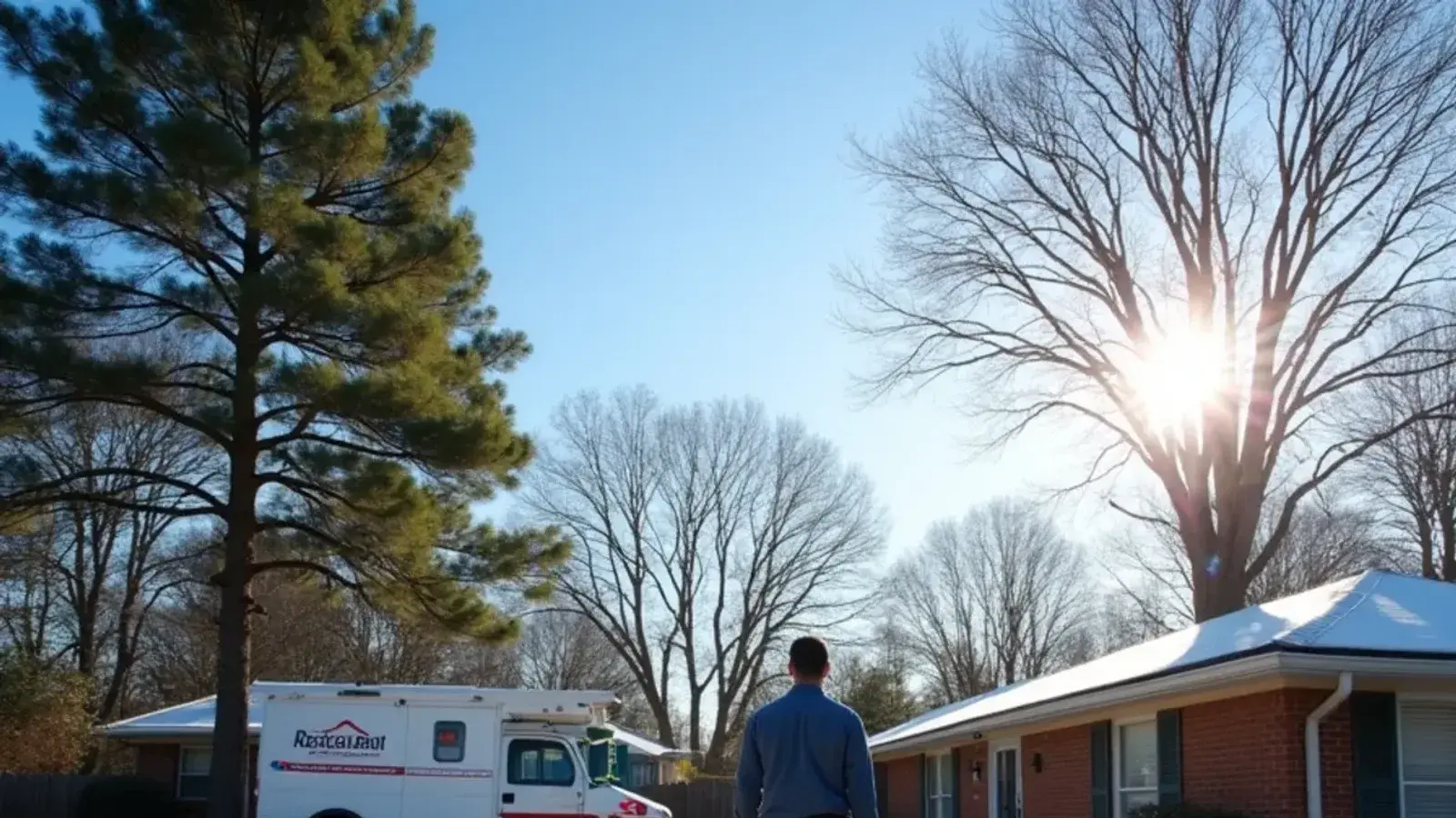 Sunlit frost on the lawn and roof of a brick ranch after a hard Midlands freeze
