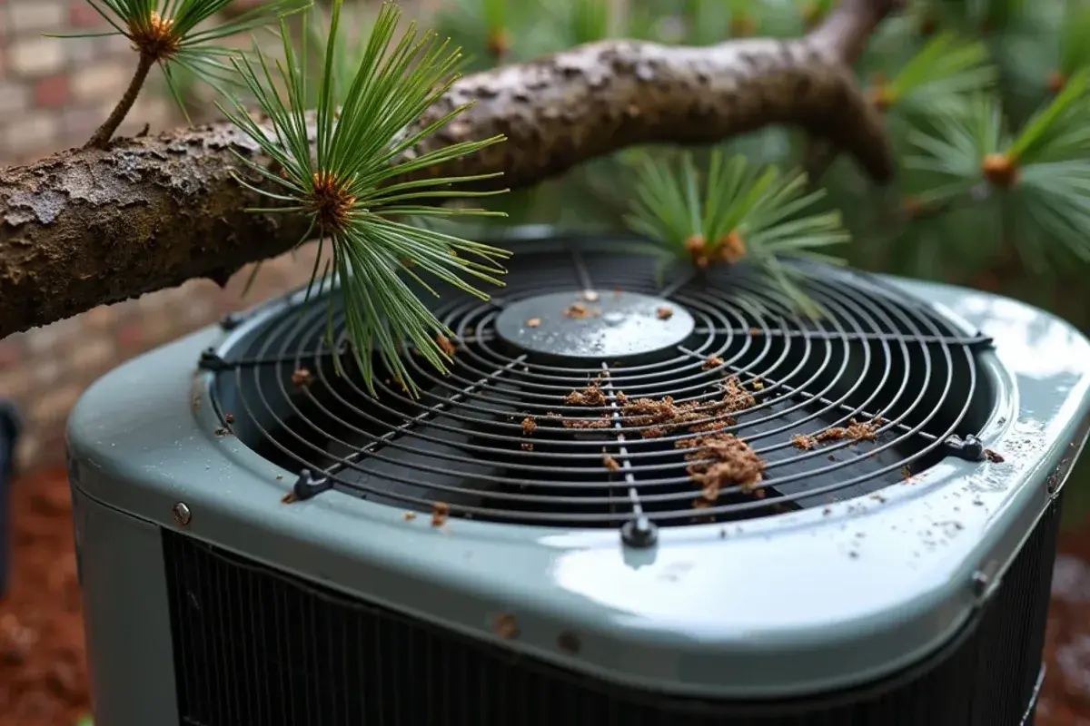 Pine limb resting across the top fan grille of an air conditioner after a Lexington-area storm