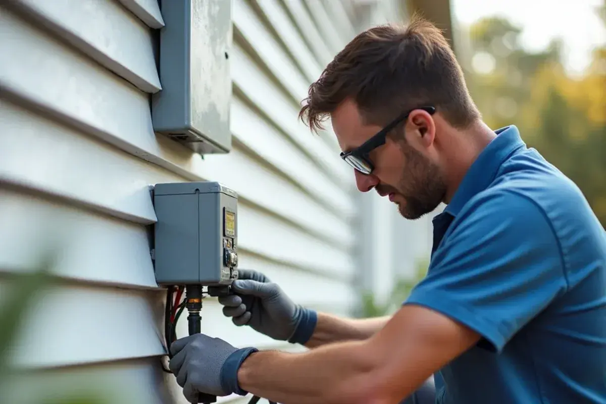 Technician mounting a surge protection device beside an AC disconnect box on a home exterior