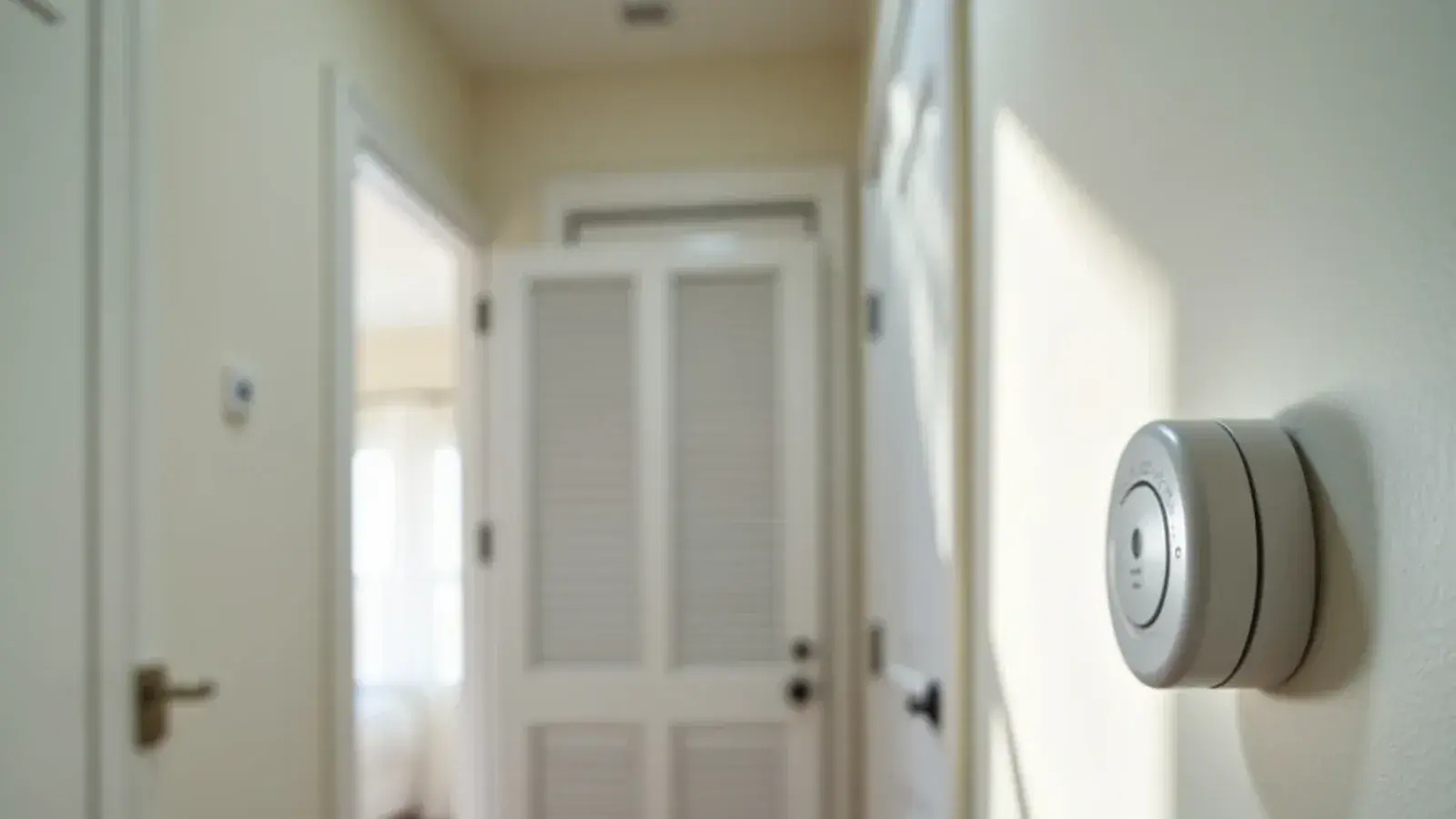 Carbon monoxide alarm mounted in a bright hallway beside a gas furnace closet in a Midlands home