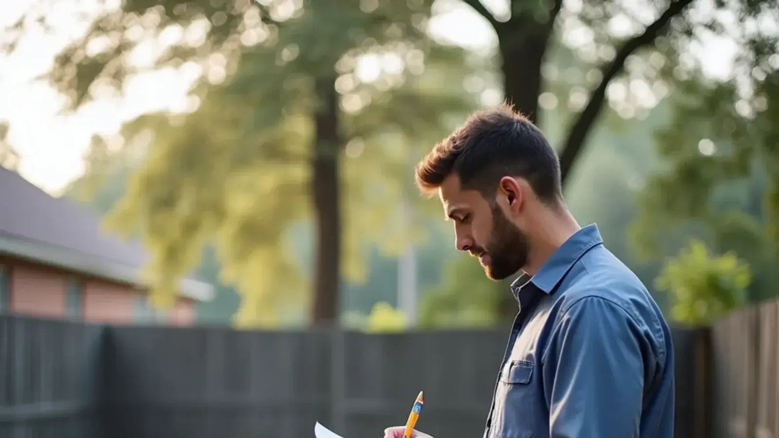 HVAC technician writing up maintenance notes beside an outdoor unit in the Midlands