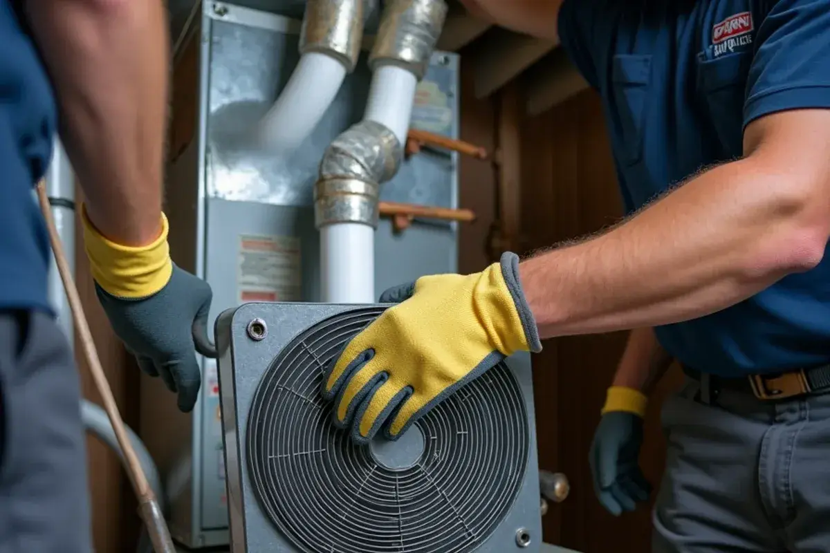 New cased evaporator coil being set on top of a furnace during an AC coil replacement