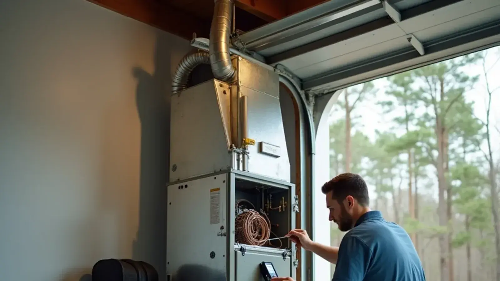 Technician running an electronic leak detector along an evaporator coil in Lexington, SC
