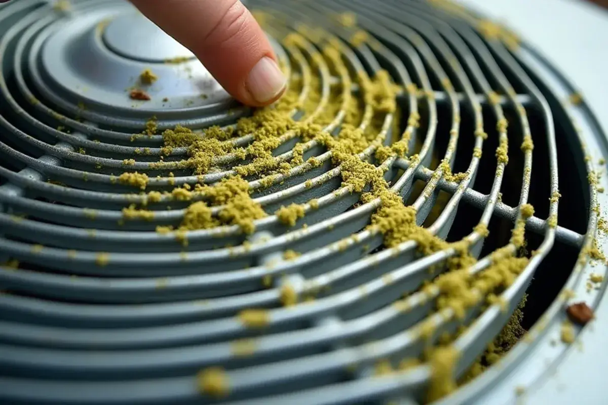 Condenser coil on a commercial rooftop unit matted with pine pollen and debris