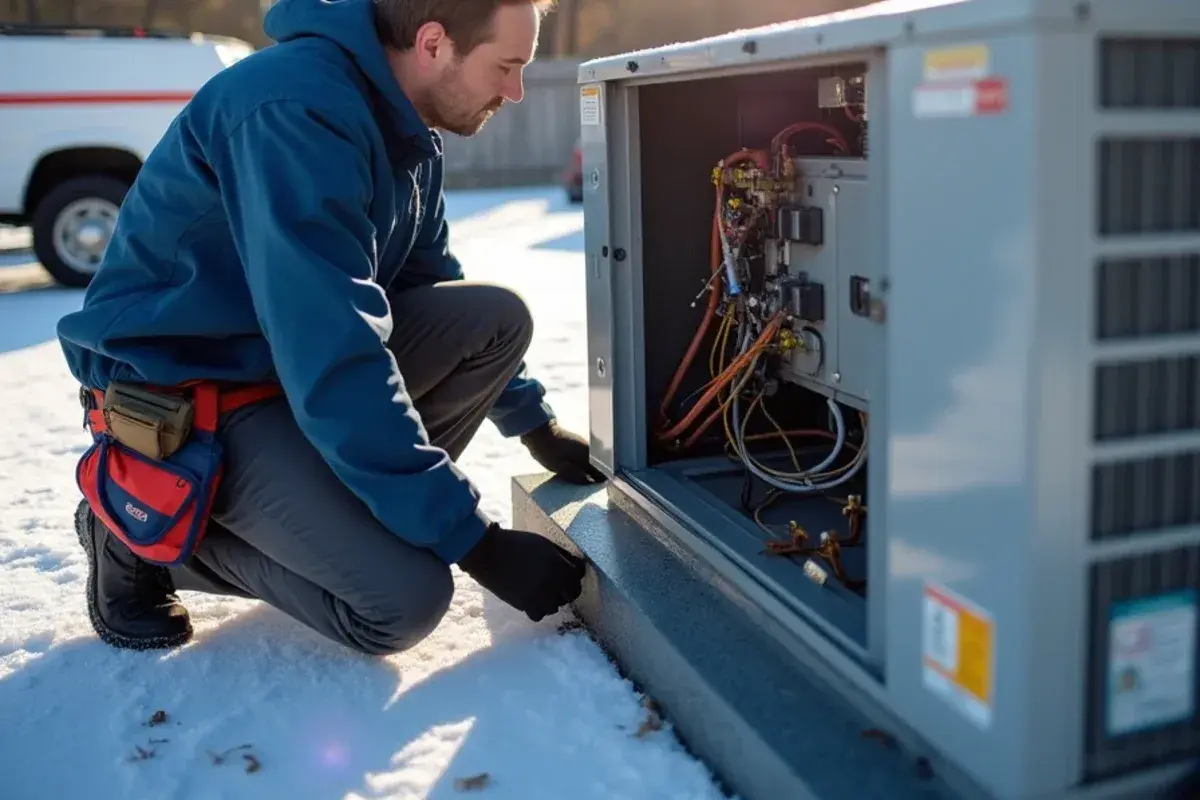 Technician inspecting the burners in the gas heat section of a rooftop unit on a winter morning
