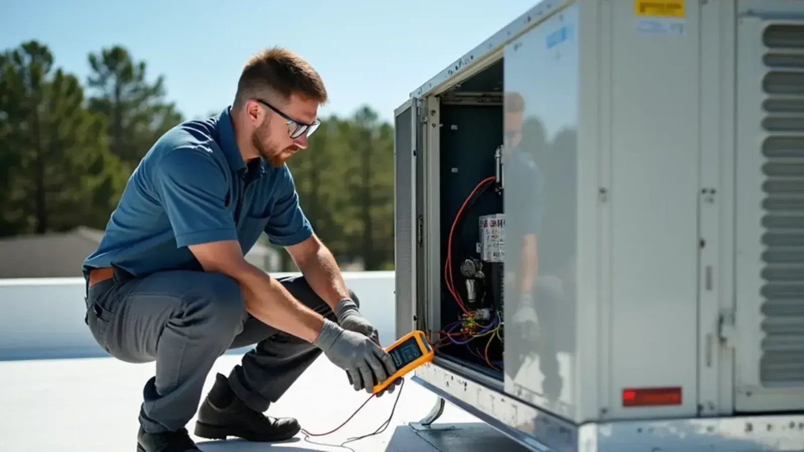 Technician measuring amperage at a rooftop unit contactor during commercial HVAC repair in Lexington, SC