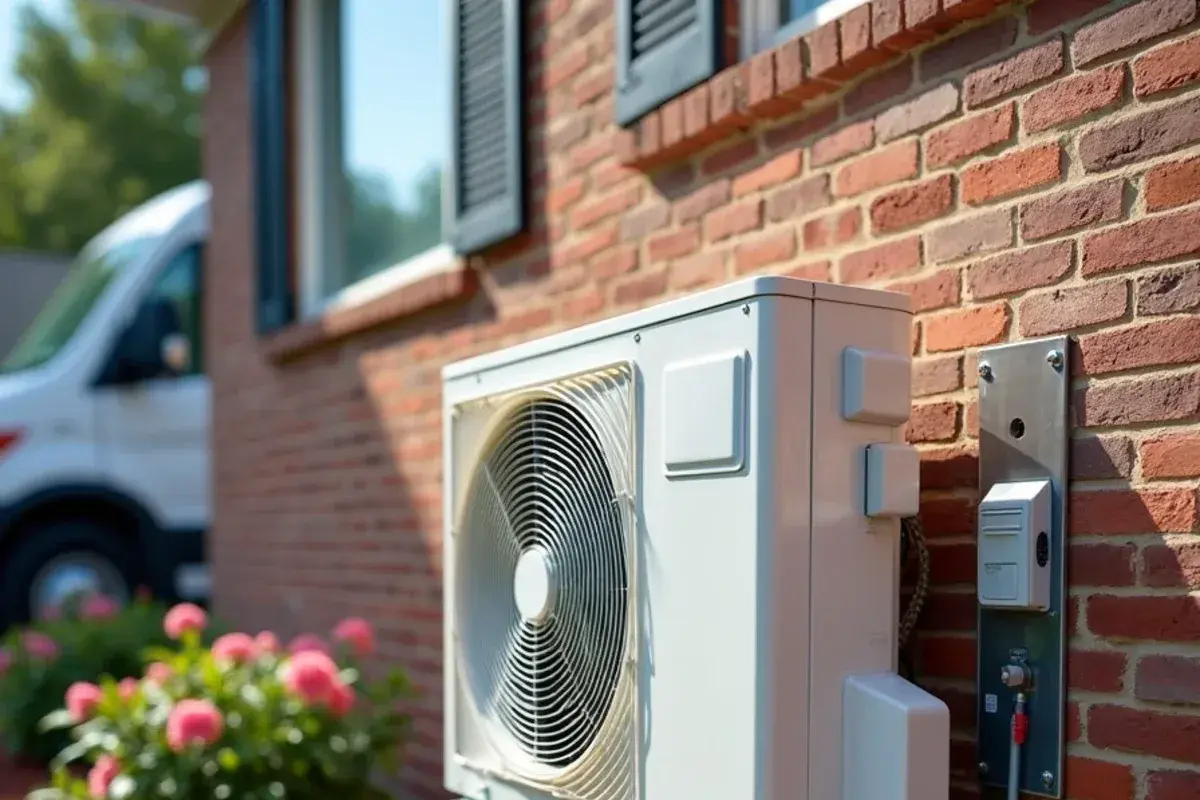 Ductless outdoor unit mounted on a wall bracket beside a brick ranch in the Lexington area