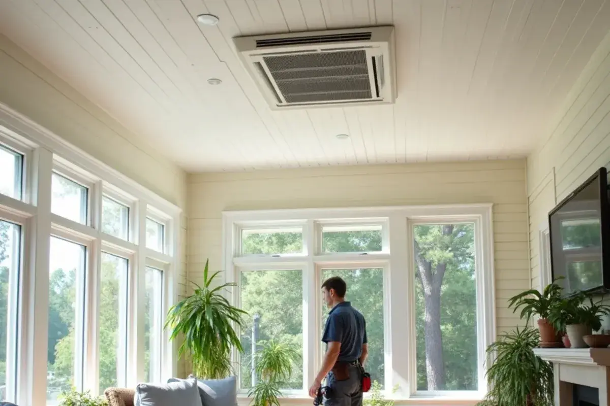 Four-way ceiling cassette mini-split centered in a sunroom ceiling in South Carolina
