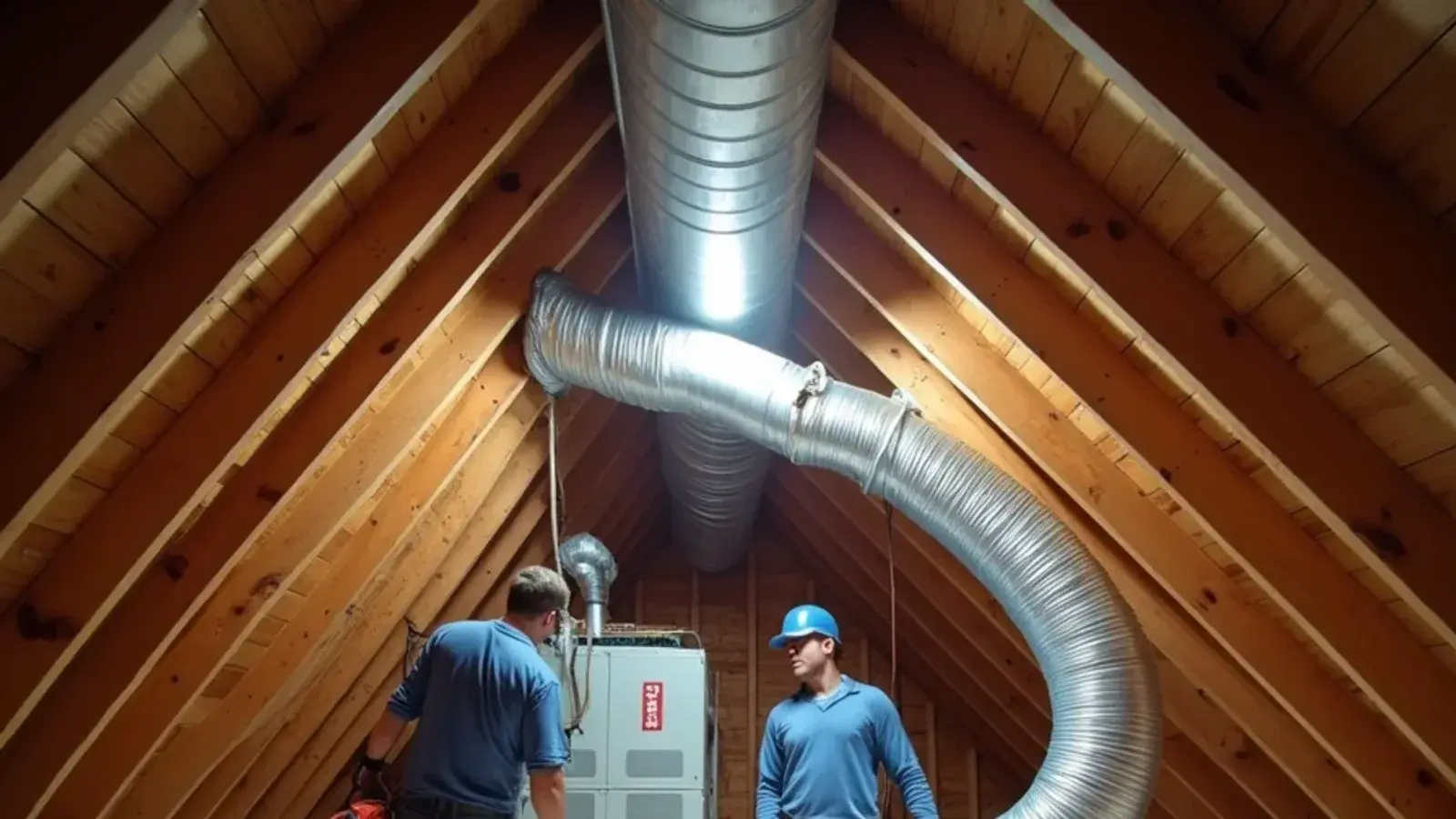 Freshly installed insulated flex runs and a sheet-metal plenum in an attic in Lexington, SC