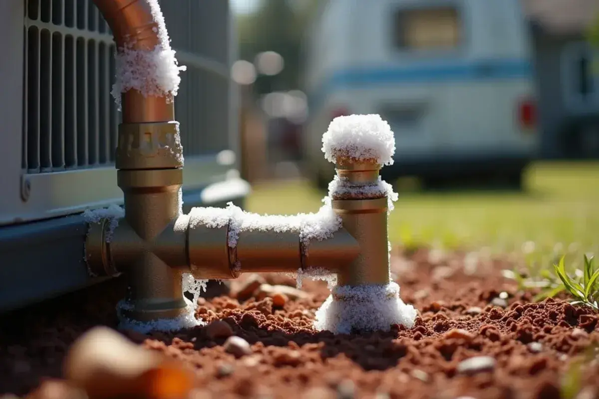 Ice built up on the insulated copper suction line of an air conditioner that stopped cooling