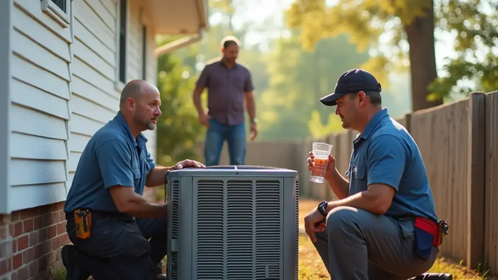 Technician repairing a stalled air conditioner condenser on a hot summer afternoon in Lexington, SC
