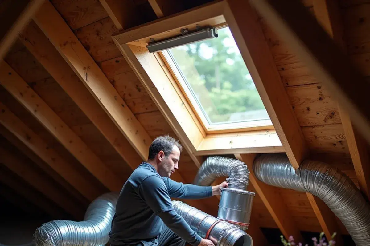 New insulated flex ductwork and plenum installed in an attic during a full duct replacement