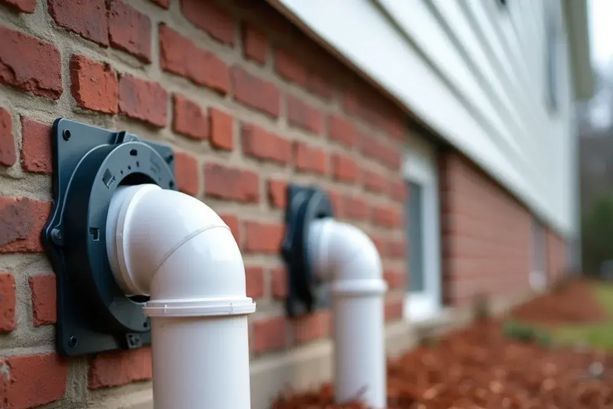 Two white PVC vent pipes exiting the brick wall of a home for a high-efficiency condensing furnace