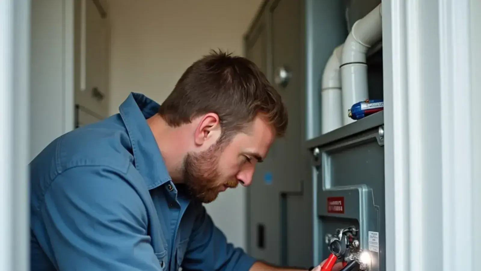 Technician testing a furnace hot surface ignitor with a multimeter during furnace repair in Lexington, SC