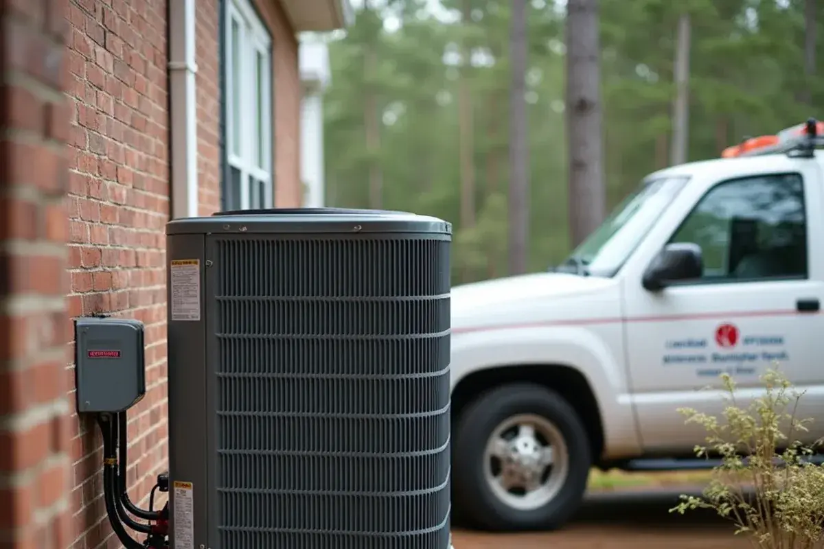 New heat pump mounted on a raised stand above a low, damp side yard near Lexington, SC