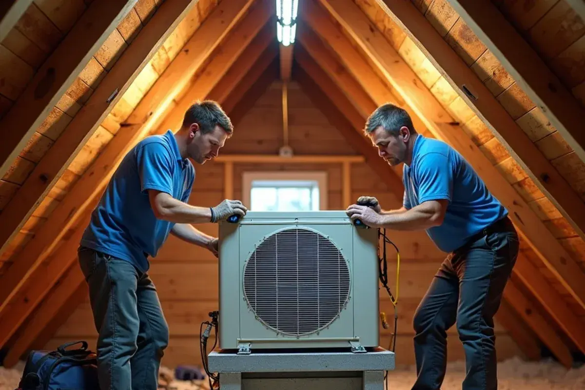 Technicians fitting a new air handler on an attic platform as part of a heat pump replacement