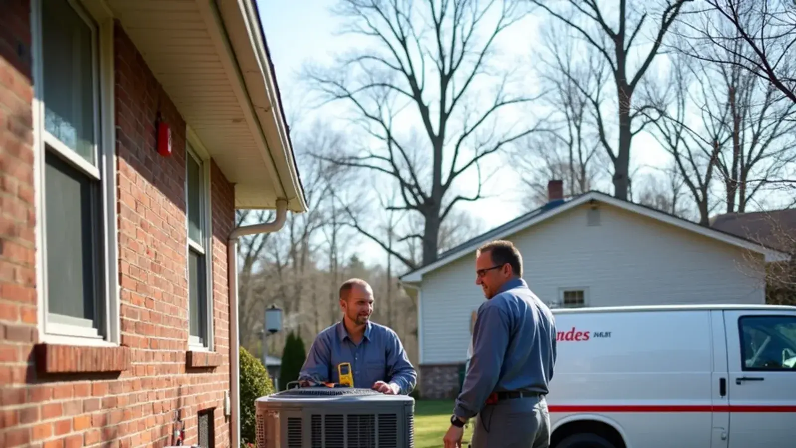Two technicians setting a new outdoor heat pump on a pad during a heat pump installation in Lexington, SC
