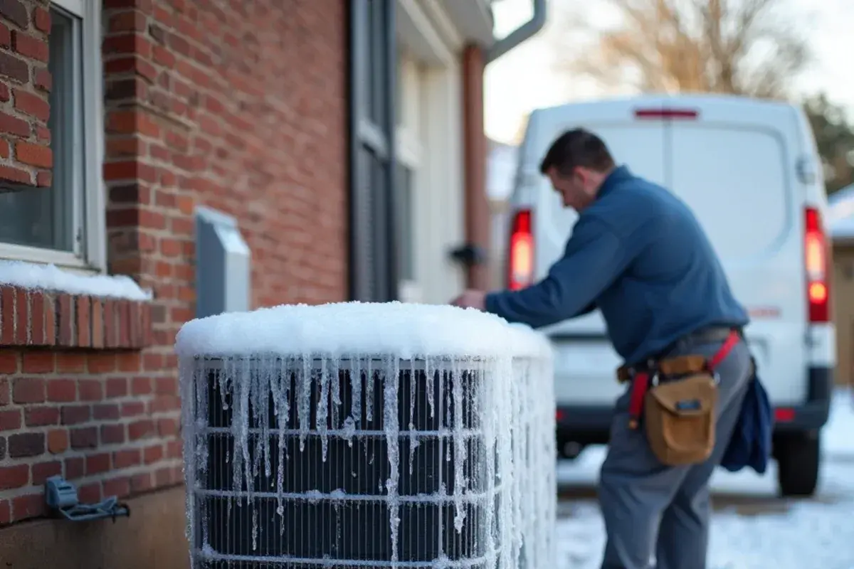 Outdoor heat pump coil covered in solid ice after its defrost cycle failed in a Midlands cold snap