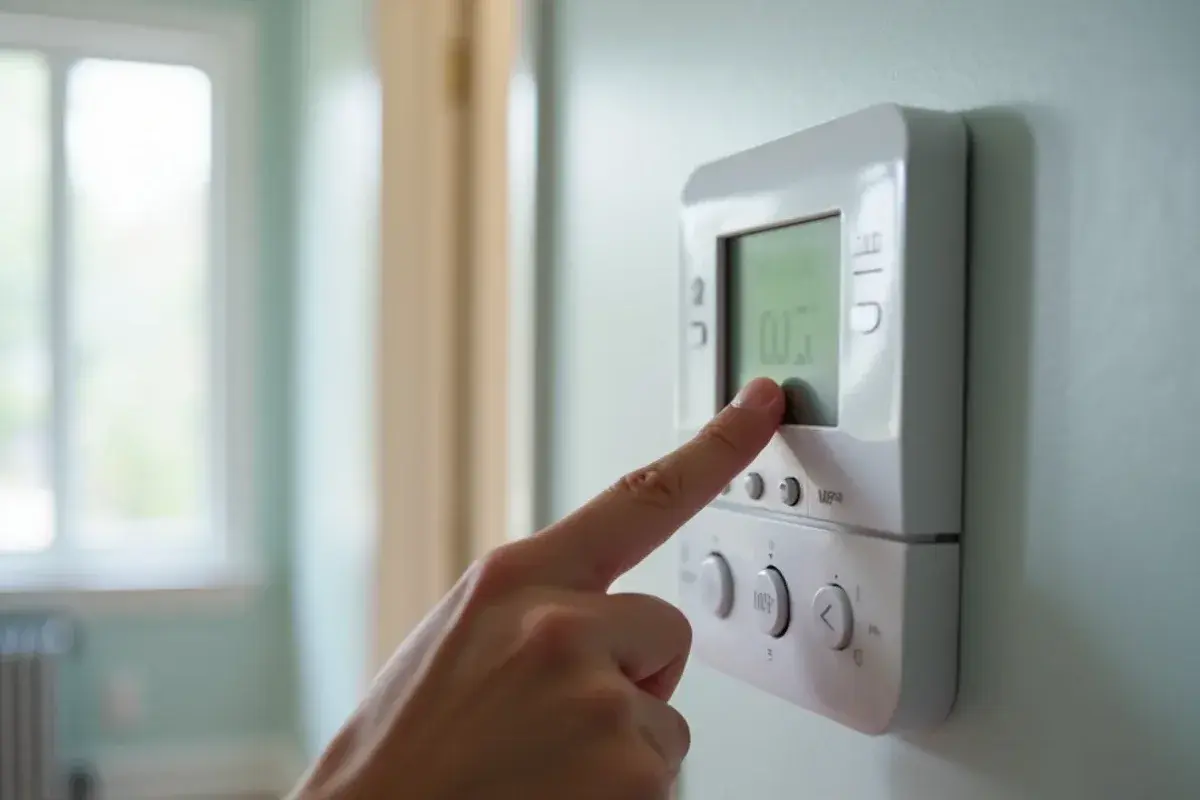 Homeowner pressing the mode button on a wall thermostat to select emergency heat on a heat pump system