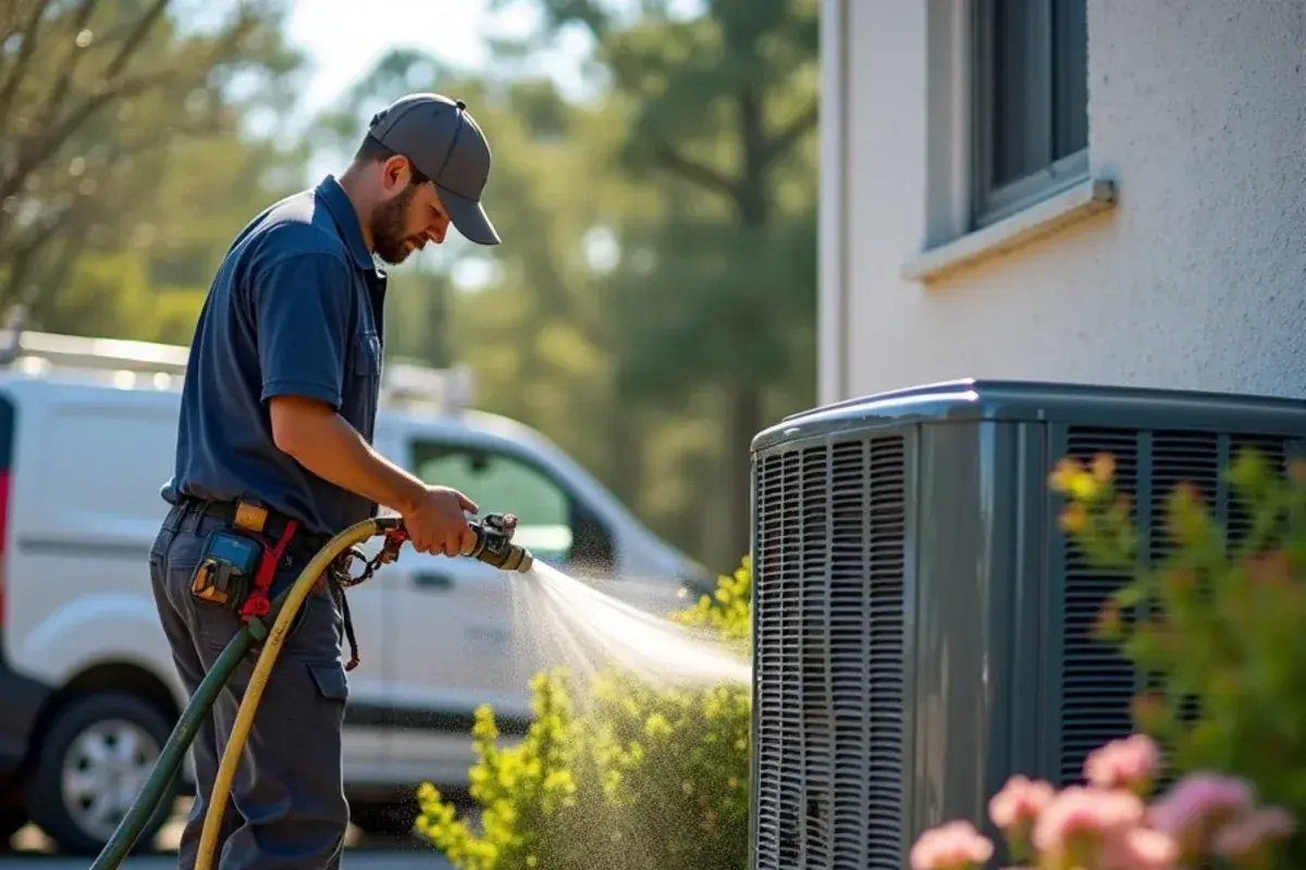 Garden hose rinsing yellow pine pollen from the outdoor coil of a heat pump in spring