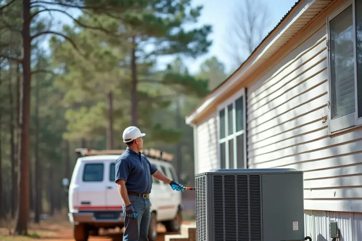 Packaged heat pump unit set beside a manufactured home with ducts running under the skirting