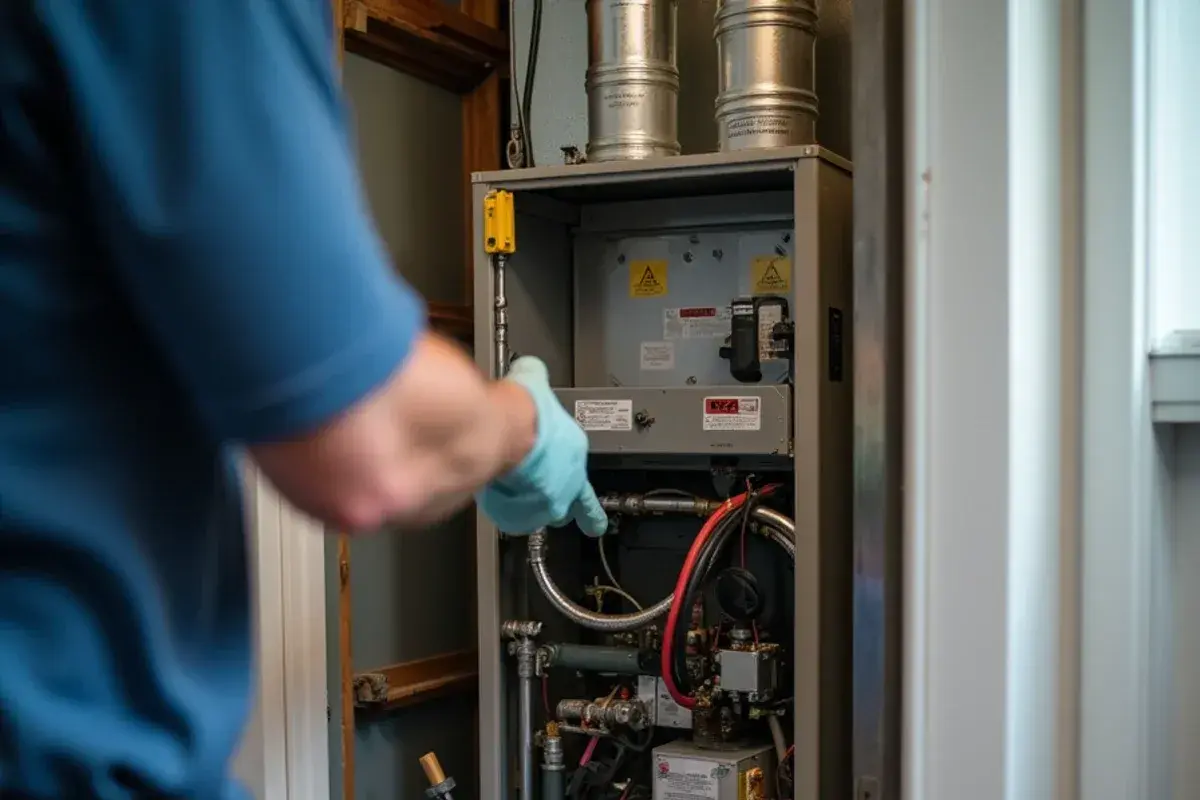Open burner compartment of an upright gas furnace showing the ignitor and gas manifold
