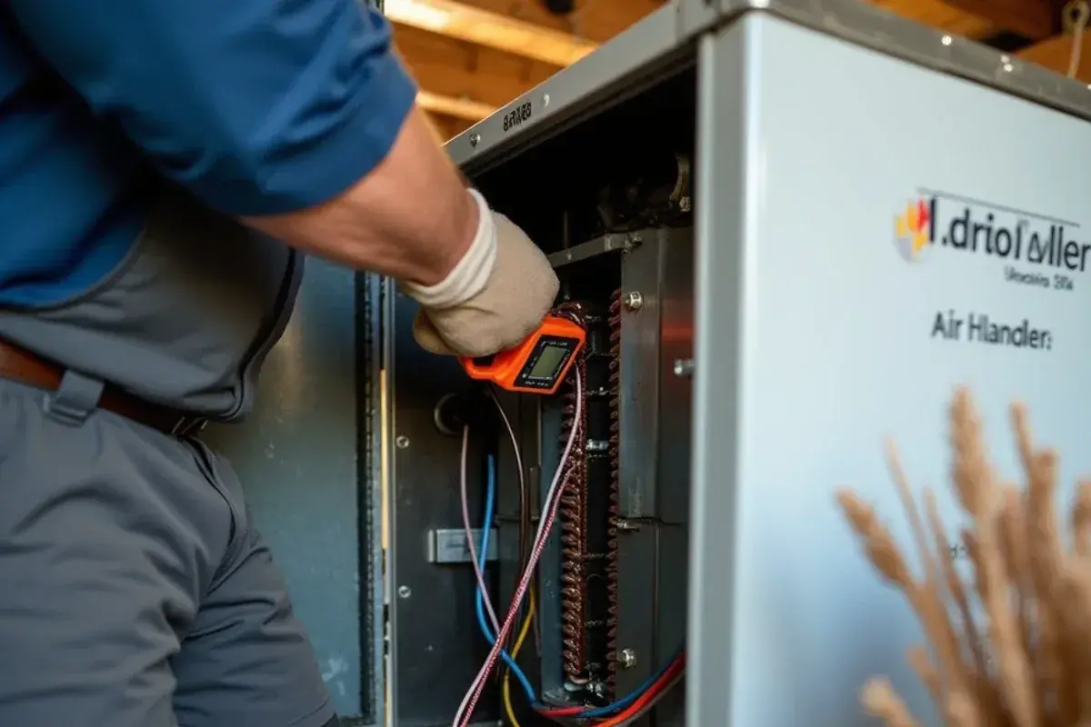 Electric heat strip elements exposed inside an air handler cabinet during a heating diagnosis