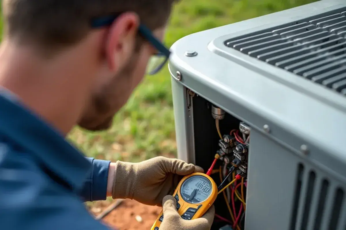 Technician testing a dual run capacitor with a multimeter on a no-cooling call