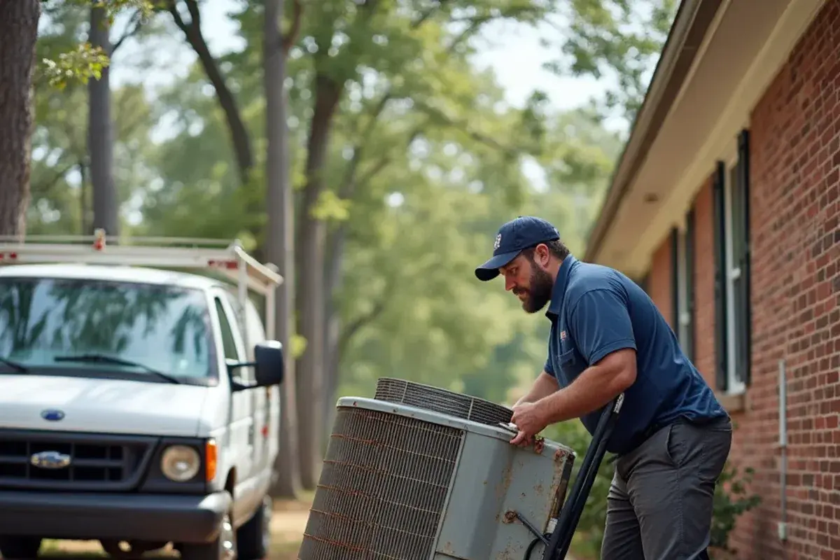 Technician wheeling an old air conditioner condenser away on a hand truck during an HVAC replacement in Lexington, SC