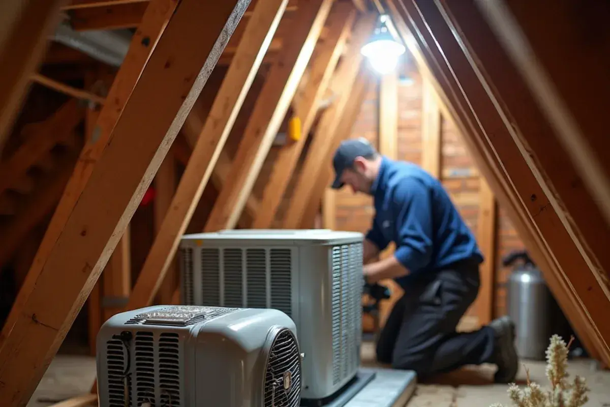 New horizontal air handler installed on a secondary drain pan with a float switch in a South Carolina attic